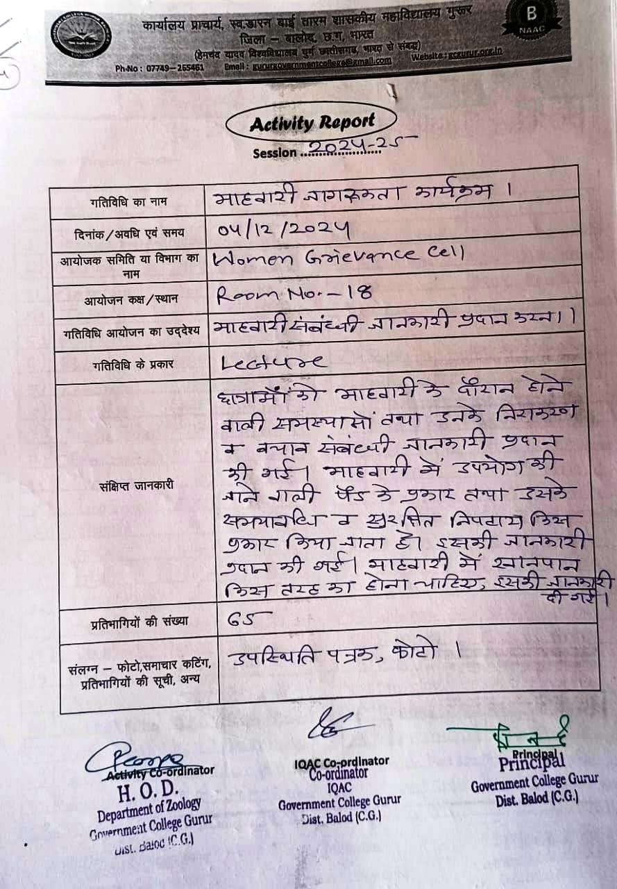 Menstruation Awareness Program (माहवारी जागरूकता कार्यक्रम) - Photo Govt. college Gurur